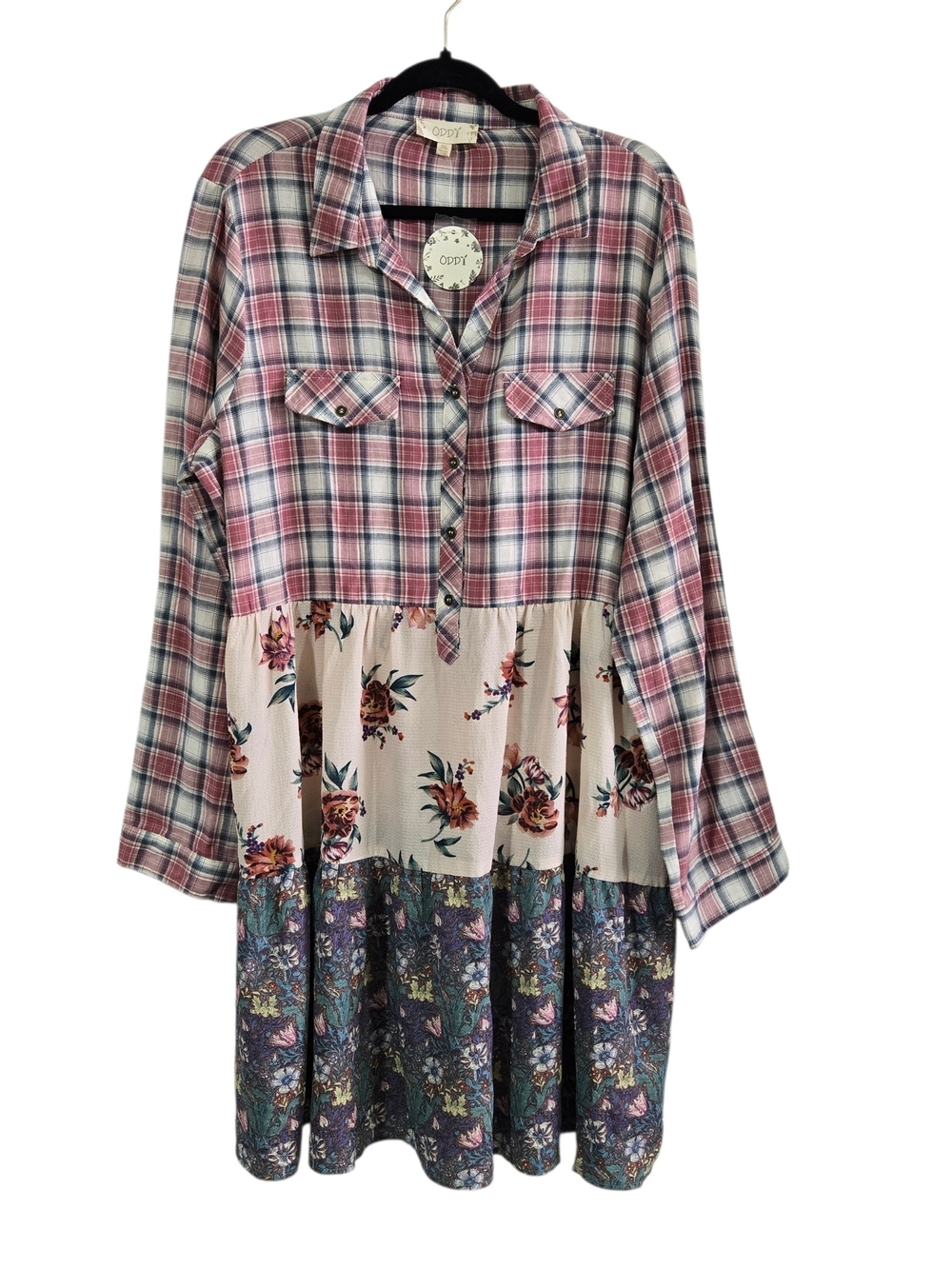 Oddi Plaid Floral Tiered Midi Shirt Dress 3XL Plus Western Boho Chic New